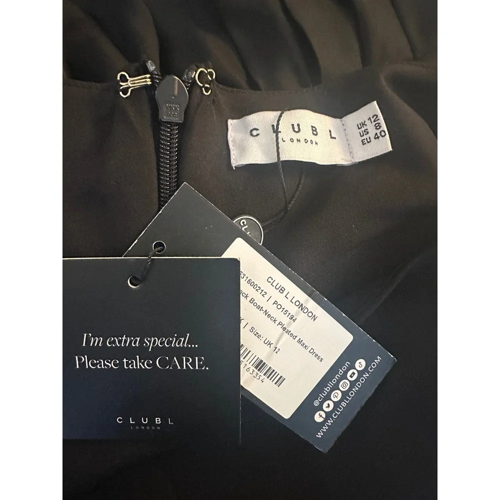 Club L London Women's Black Boat Neck Pleated Maxi Dress Size 8 New with tags!